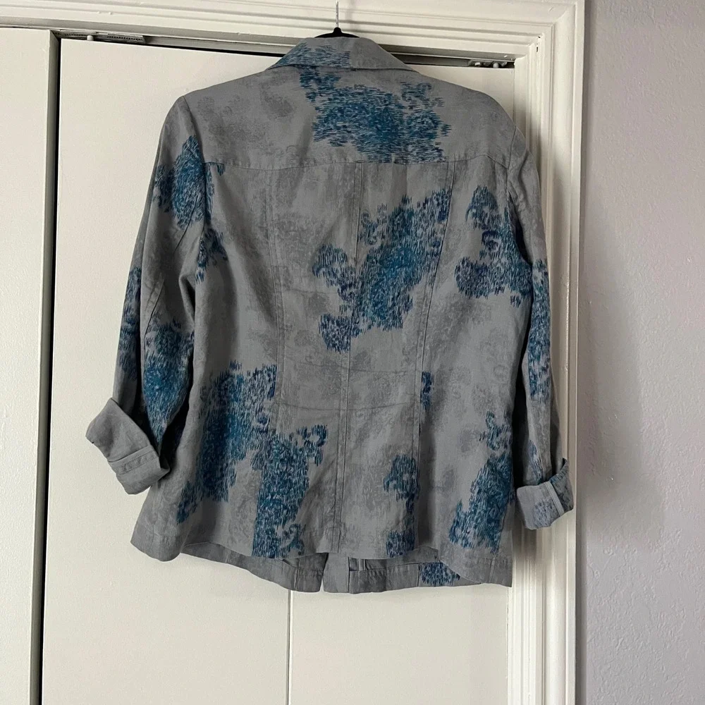 Coldwater‎ Creek Floral Print Button Down Shirt Jacket Collared Gray Blue 12